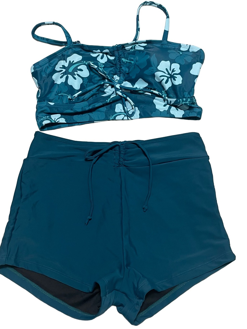 Women’s Teal Floral Bikini Tankini Set - Floral Top & Solid Shorts